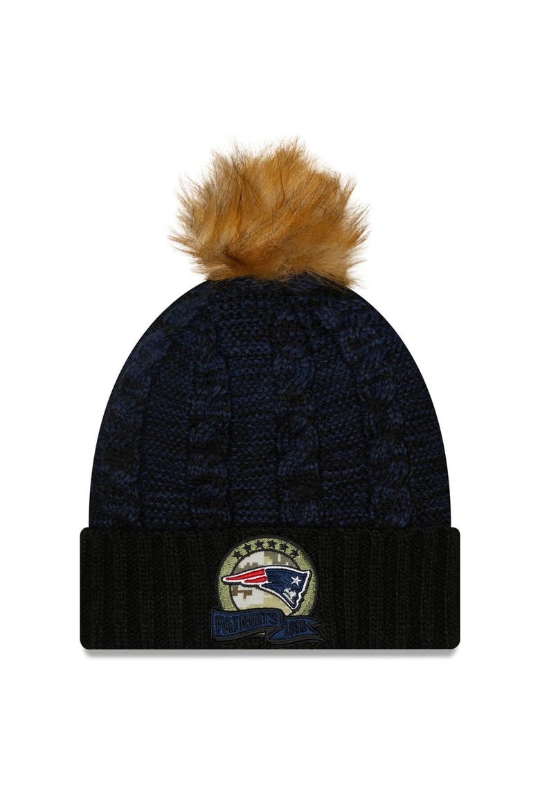 Women's New Era Black/Navy New England Patriots 2022 Salute To Service Pom Knit Hat, Main, color, Navy