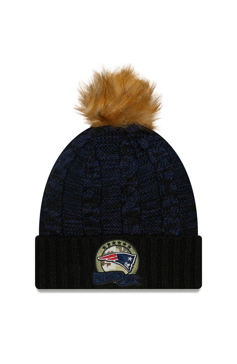 New Era Women's New Era Black/Navy New England Patriots 2022 Salute To Service Pom Knit Hat, Main, color, 