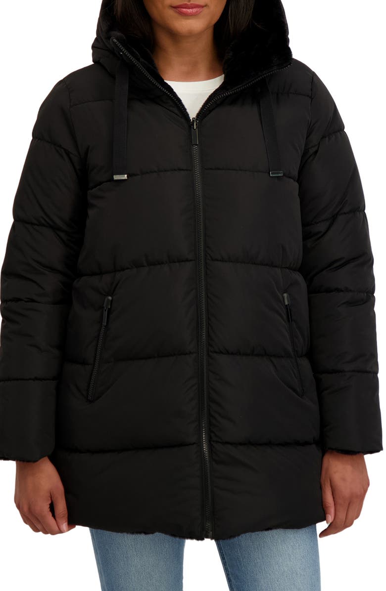 Sebby Faux Fur Reversible Hooded Puffer Jacket, Main, color, Black