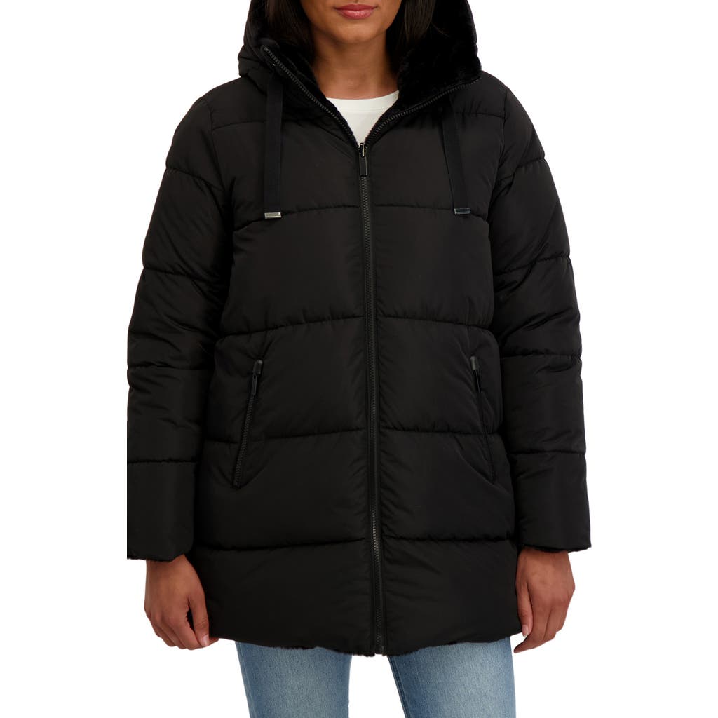 Sebby Faux Fur Reversible Hooded Puffer Jacket In Black