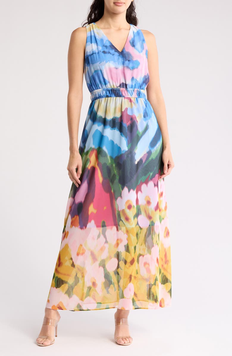 Anne Klein Print Sleeveless Maxi Dress, Main, color, Azurine Multi