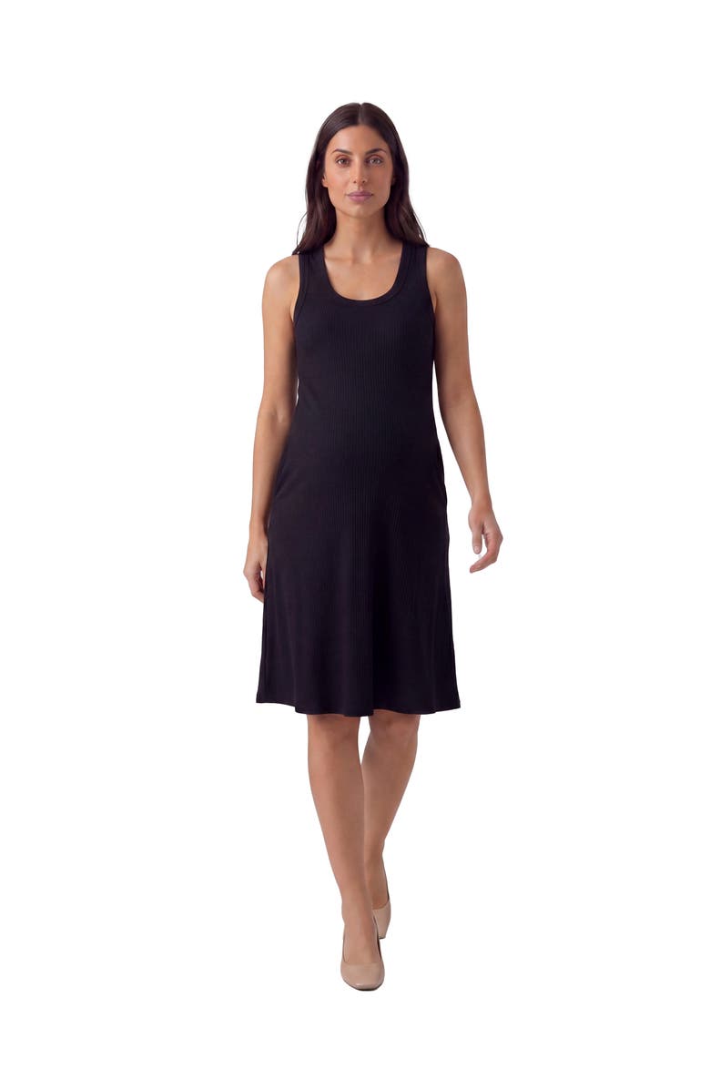 24seven Comfort Apparel Maternity Essential Ribbed Knit Sleeveless Scoop Neck Pocket A-Line Midi Dress, Main, color, Black