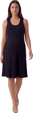 24seven Comfort Apparel Maternity Essential Ribbed Knit Sleeveless Scoop Neck Pocket A-Line Midi Dress