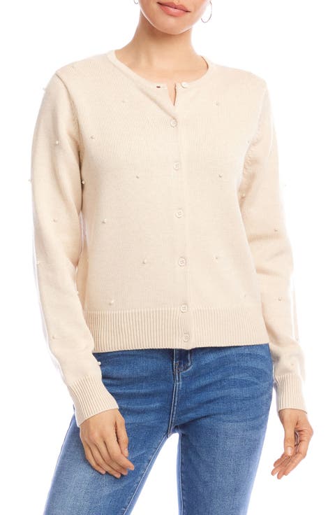 Faux Pearl Embellished Crewneck Cardigan