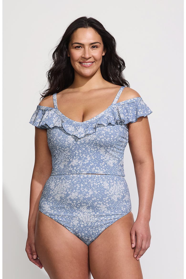 Plus Size Pique Ruffle Tankini Top and High Waisted Bottom Swimsuit Set, Main, color, Dusk Sky Meadow Ditsy Floral