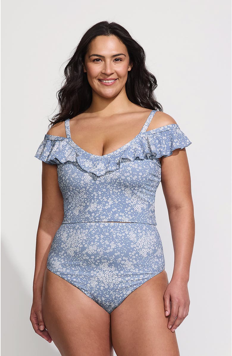 Lands' End Plus Size Pique Ruffle Tankini Top and High Waisted Bottom Swimsuit Set, Main, color, Dusk Sky Meadow Ditsy Floral