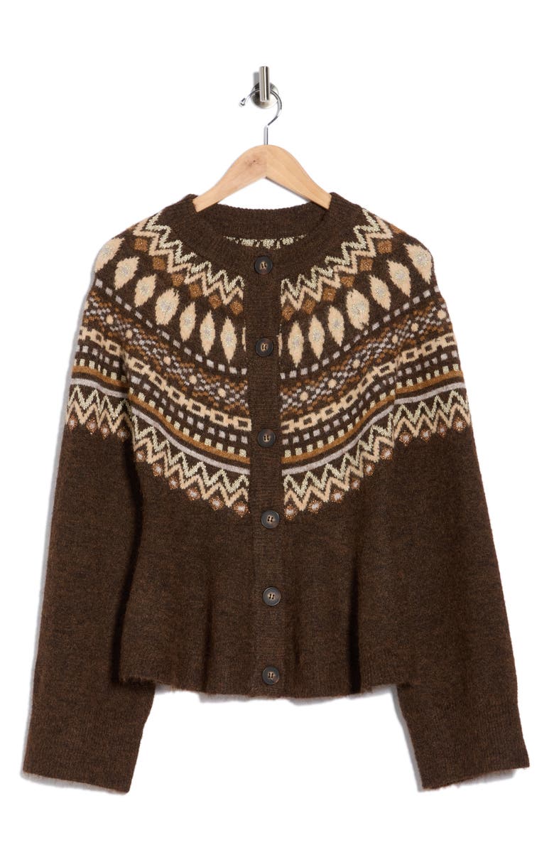 BLANKNYC Fair Isle Peplum Cardigan, Main, color, Golden Ticket