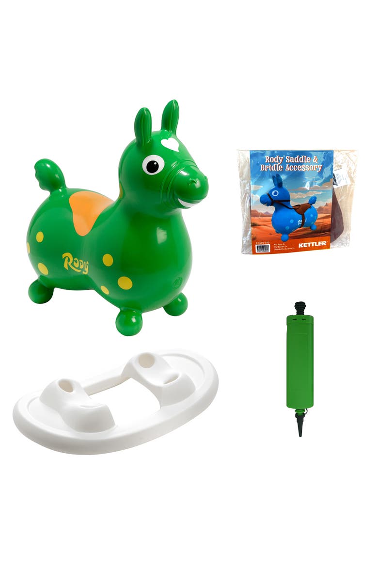 Rody Inflatable Bounce Horse with Rocking Base & Saddle-Bridle Accessory, Main, color, Green