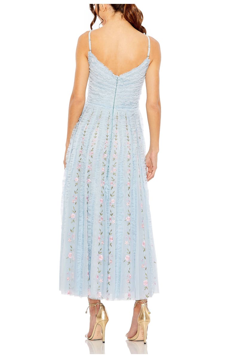 Mac Duggal Ruffle Floral Embroidered Detail Tea Length Dress, Alternate, color, Blue Multi