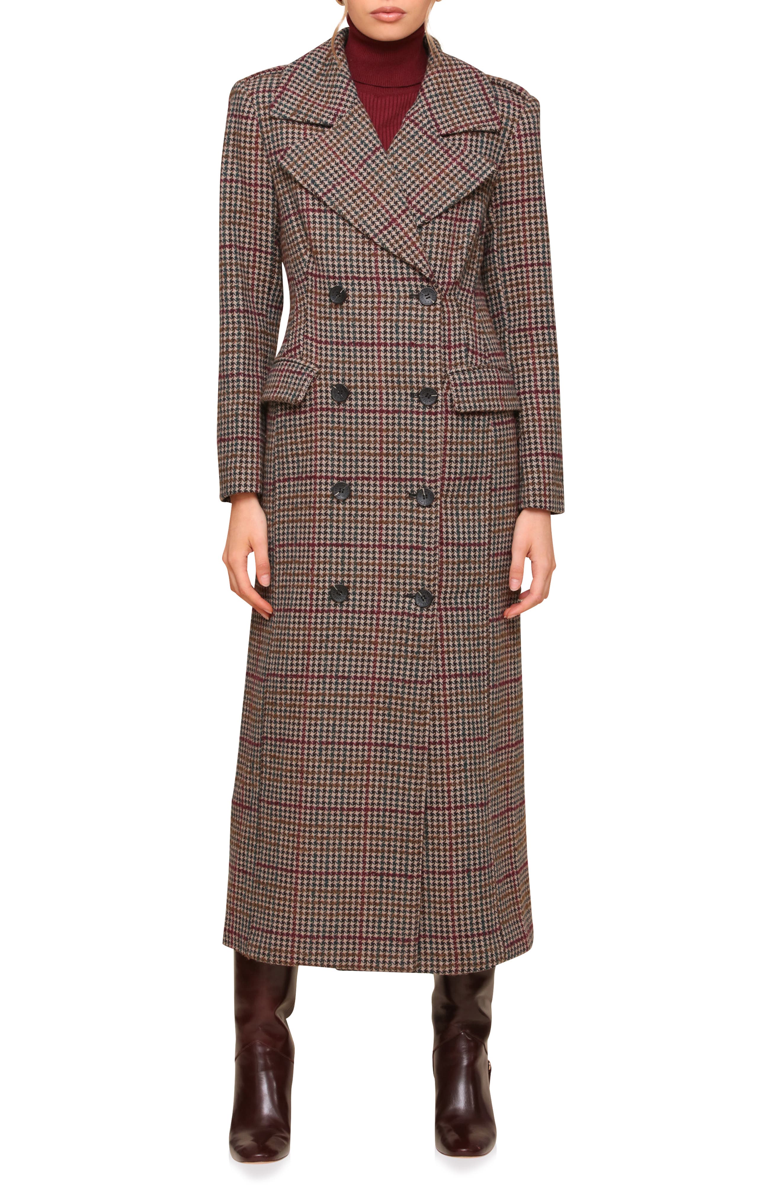 Avec Les Filles Strong Shoulder Maxi Coat in Houndstooth Foliage 