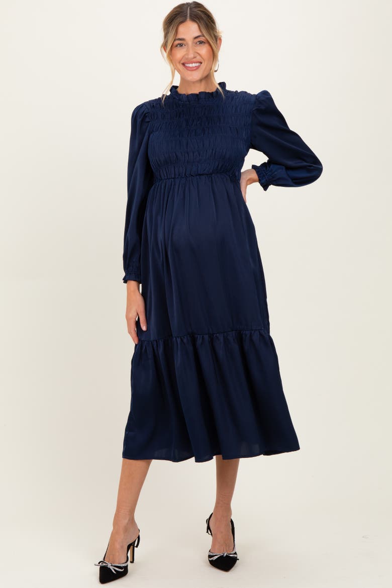 Mock Neck Satin Smocked Chest Dress, Alternate, color, Navy Blue