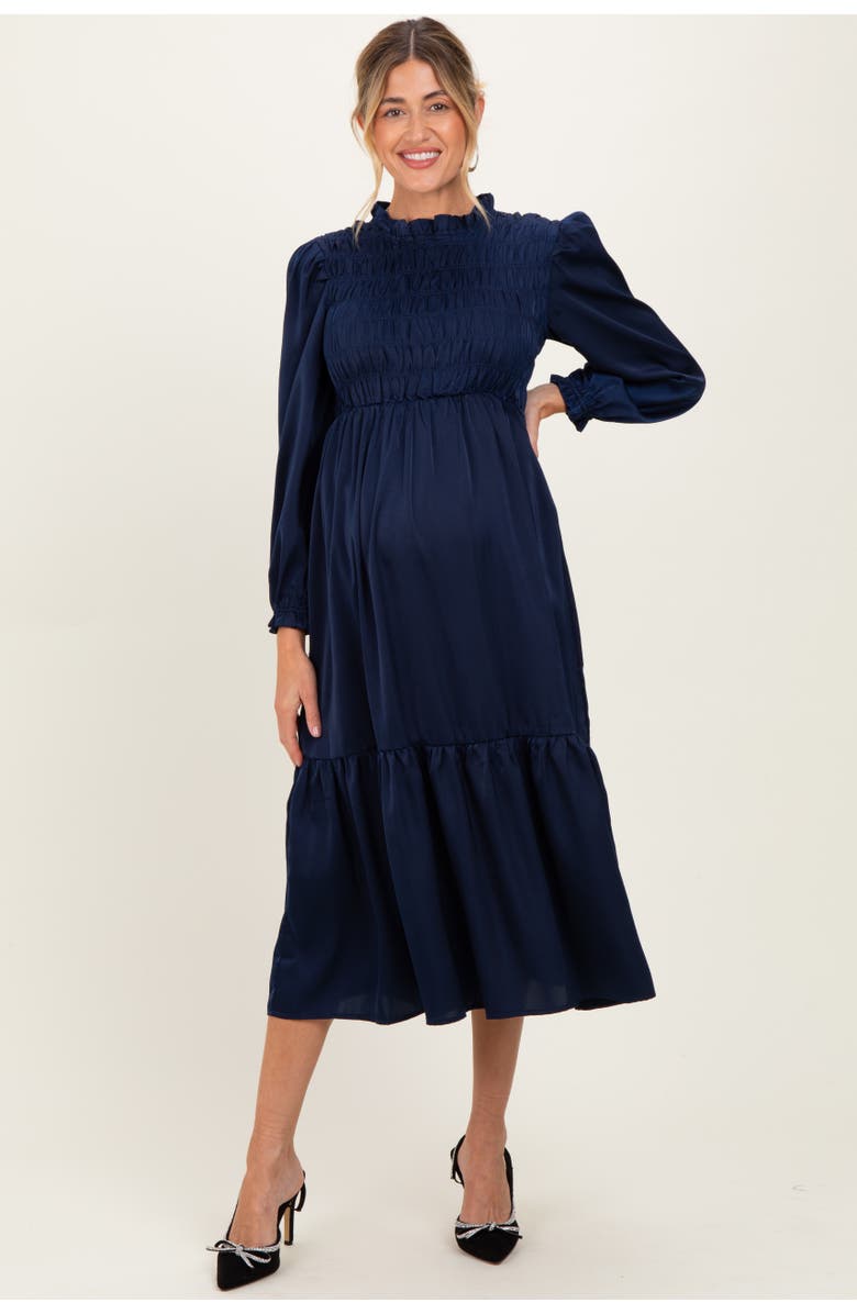 PinkBlush Mock Neck Satin Smocked Chest Dress, Alternate, color, Navy Blue