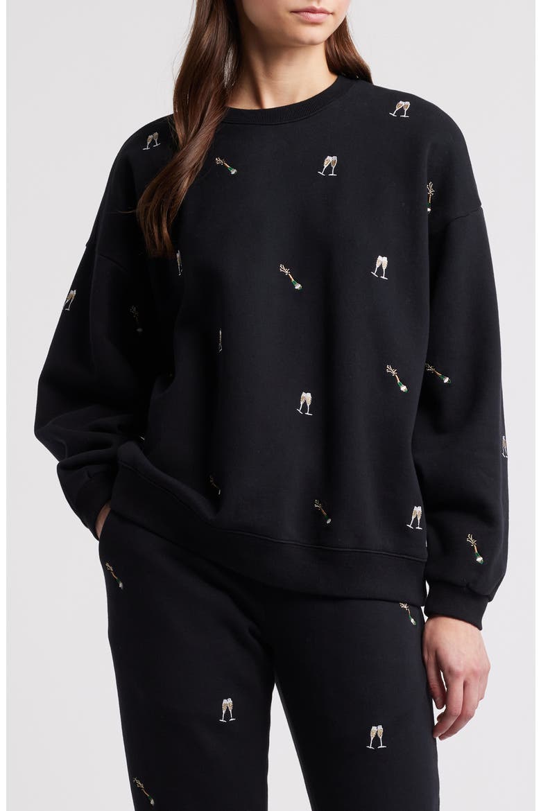 Varsity Cheers Embroidered Cotton Graphic Sweatshirt, Main, color, BLACK CHAMPAGNE
