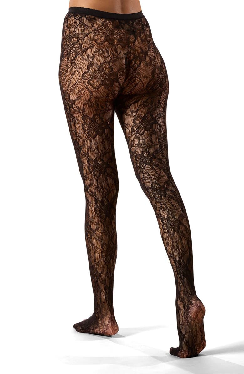 MeMoi Blooming Floral Net Tights, Alternate, color, Black