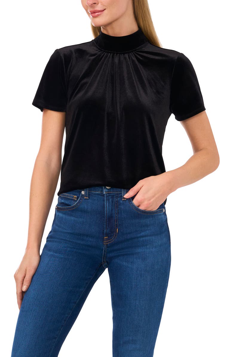 CeCe Mock Neck Cutout Stretch Velvet Top, Main, color,