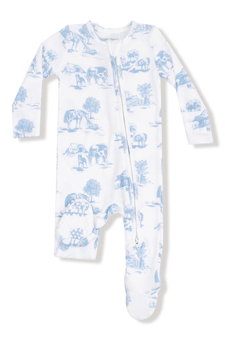 Farm Toile Print Footie, Main, color, WHITE/ BLUE