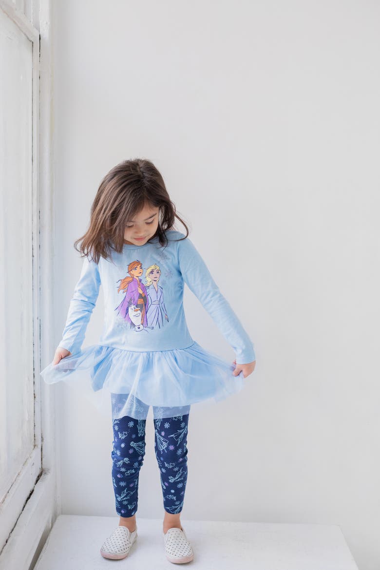 Frozen Tulle Peplum Top And Leggings Set (toddler, Little Kid & Big Kid), Alternate, color, Elsa Anna Light Blue