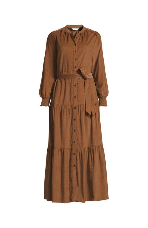 Lands' End Pinwale Cord Smocked Sleeve Maxi Dress In Brown