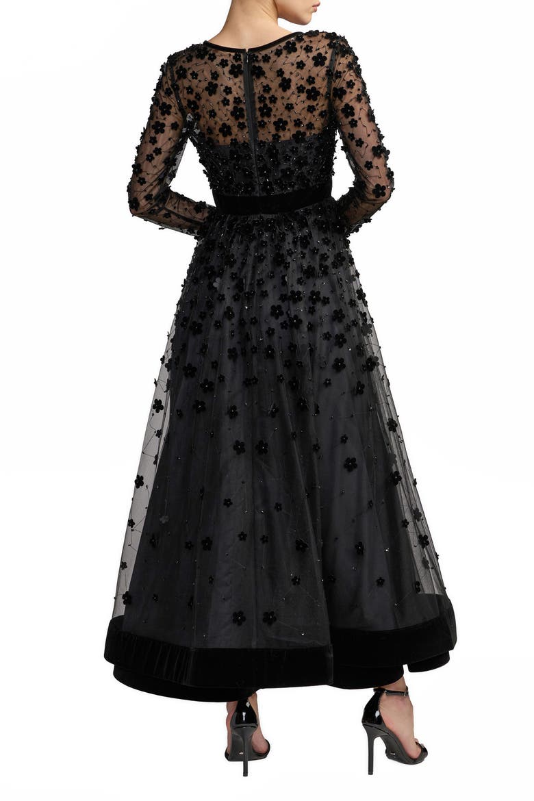 Floral Applique Beaded Tulle Evening Gown, Alternate, color, Black