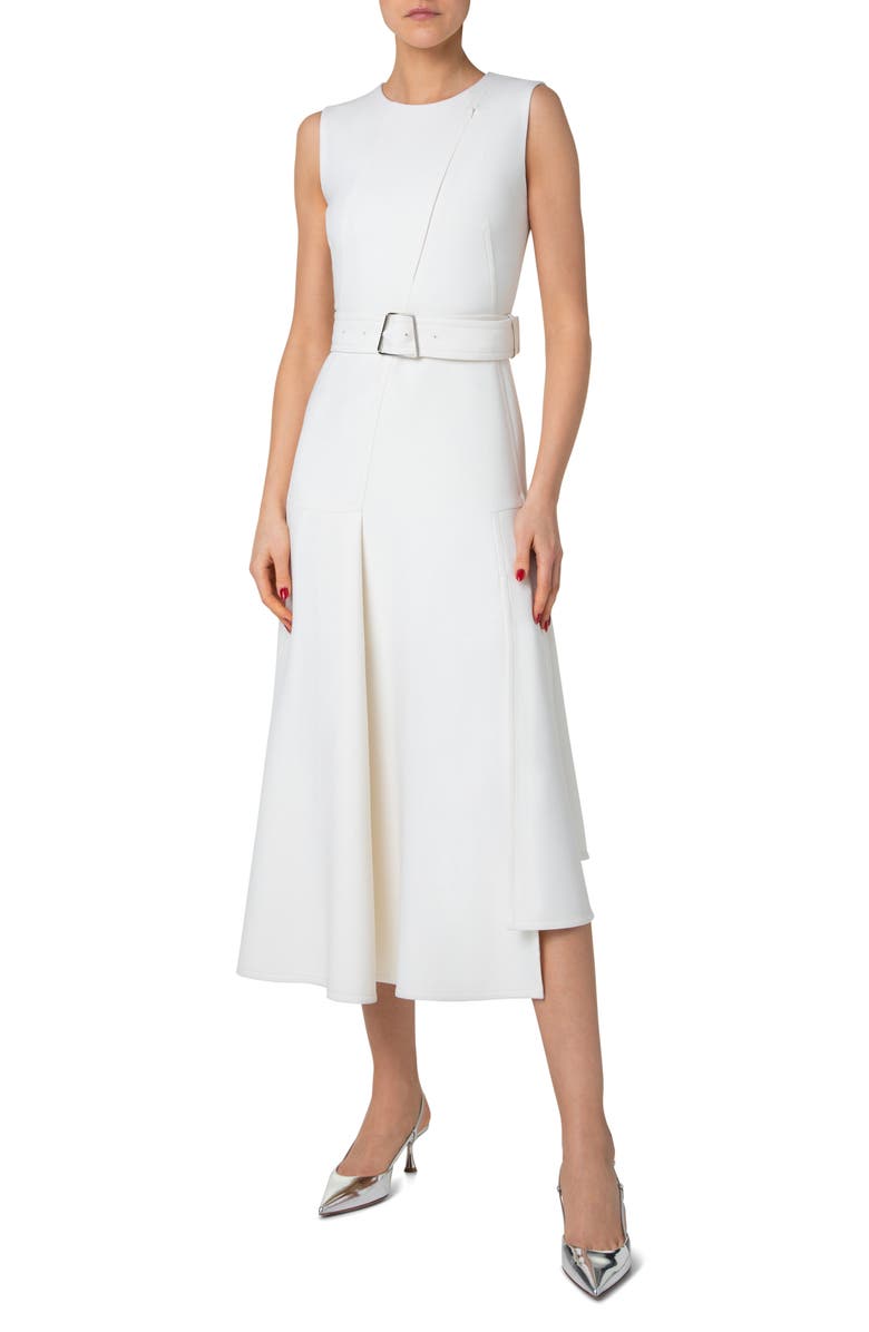 Akris Asymmetric Belted Double Face Wool Midi Dress, Main, color, Ecru