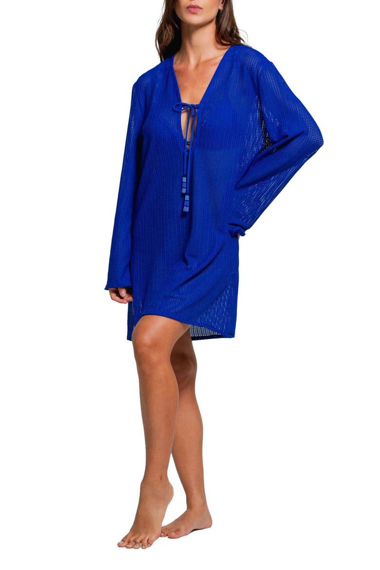 Tie Neck Cover-Up Tunic Dress, Main, color, BLUE DAHLIA