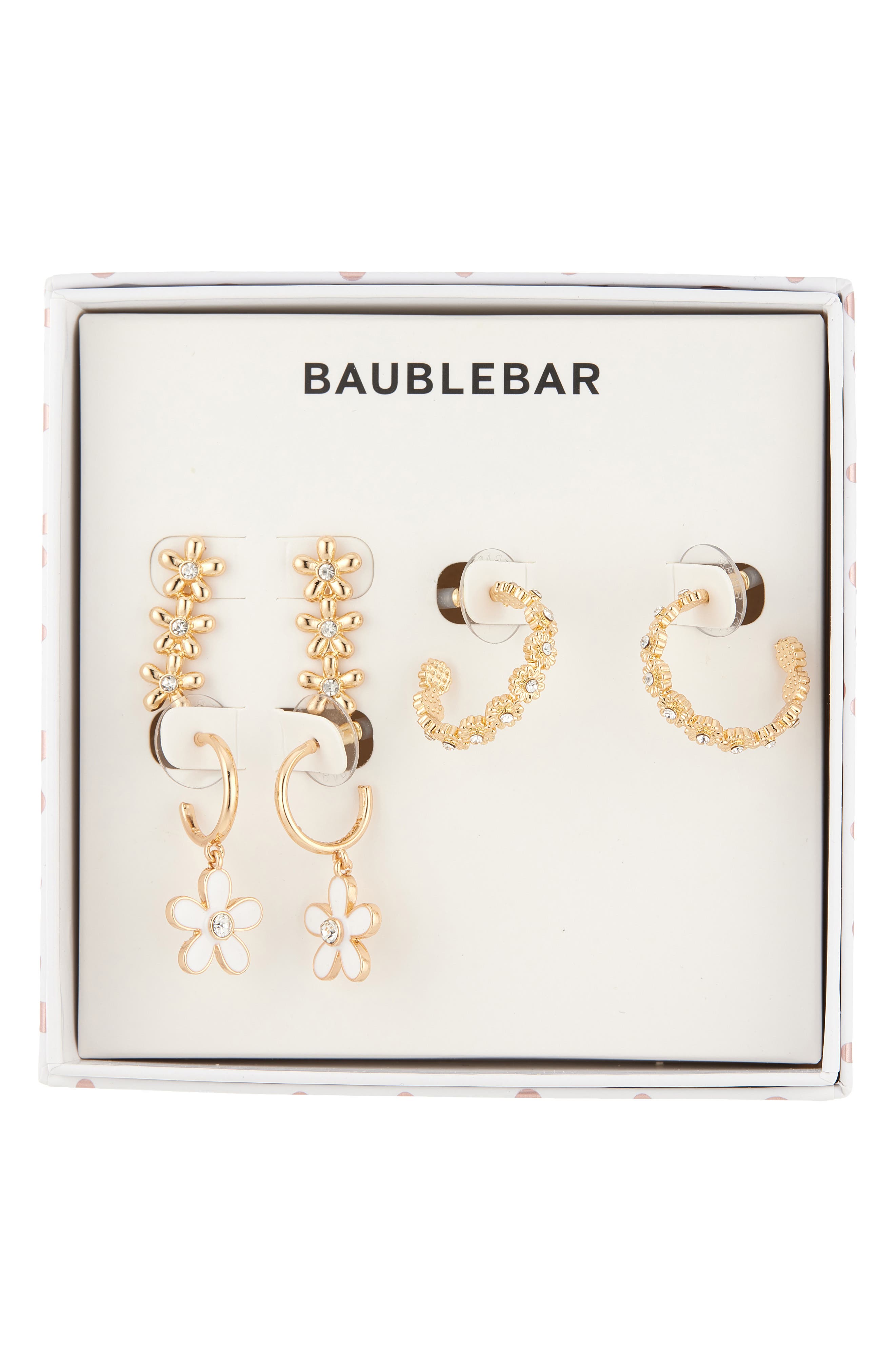 BaubleBar Showered with Flowers Set of 3 Linear Stud & Hoop Earrings