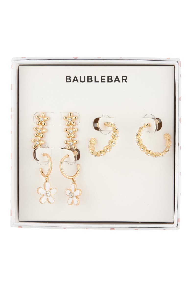 Showered with Flowers Set of 3 Linear Stud & Hoop Earrings, Main, color, GOLD