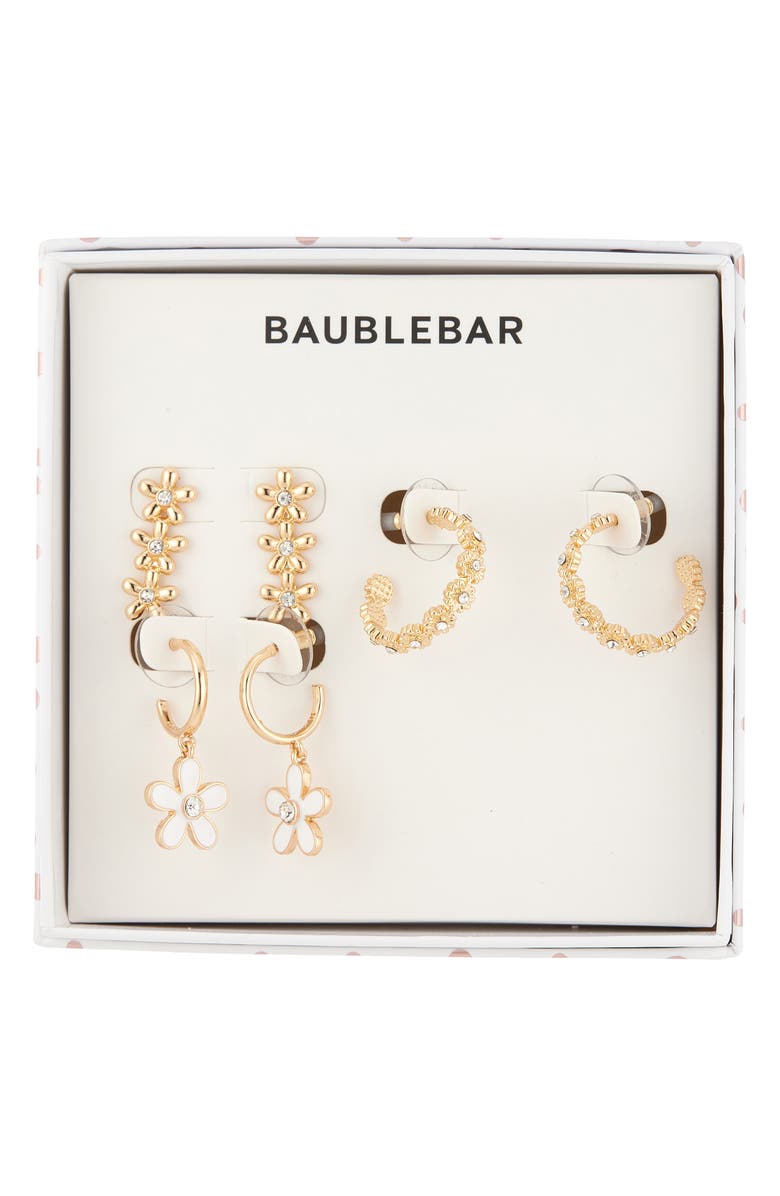 BaubleBar Showered with Flowers Set of 3 Linear Stud & Hoop Earrings, Main, color, Gold