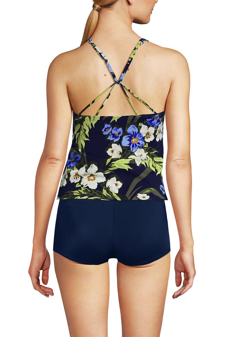 DDD-Cup Chlorine Resistant Tugless High Neck Strappy Back Tankini Swimsuit Top, Alternate, color, Deep Sea/Blue Floral Tropic