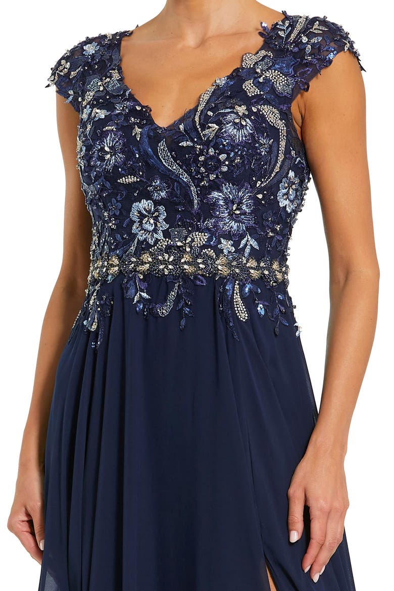 Embellished Cap Sleeve Bodice Chiffon Gown, Alternate, color, Midnight