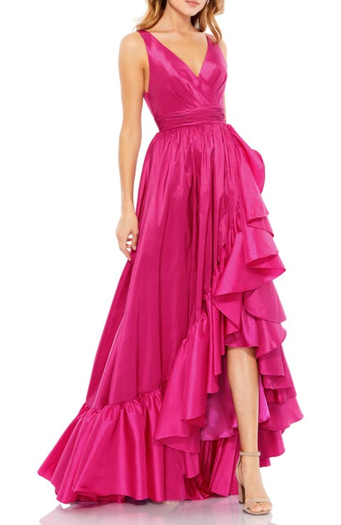 Women's V-neck Ruffled High-low Taffeta Evening Gown