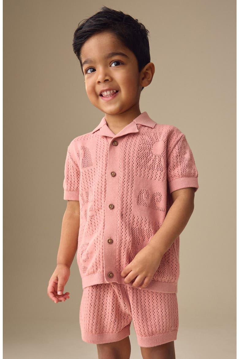 Kids' Leaf Open Knit Camp Shirt & Shorts Set, Alternate, color, PINK