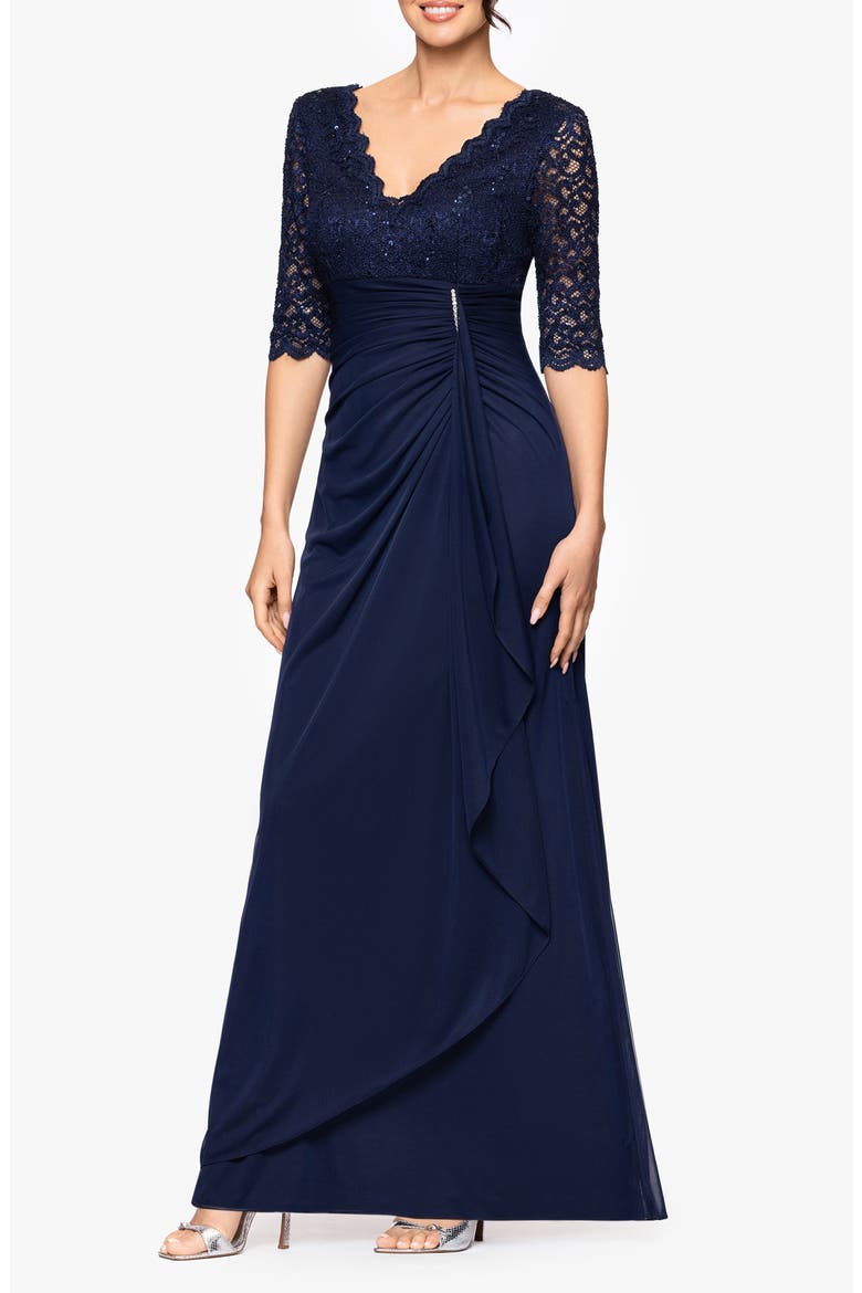 Mixed Media Rhinestone Accent Gown, Alternate, color, NAVY
