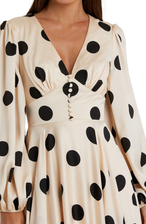 Mac Duggal Polka Dot Charmeuse Long Sleeve V Neck Midi Dress In Cream Black