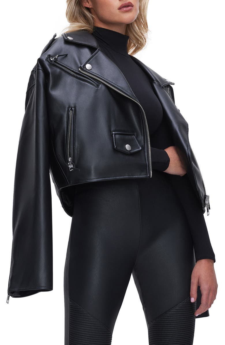 Good American Faux Leather Crop Moto Jacket, Main, color, 