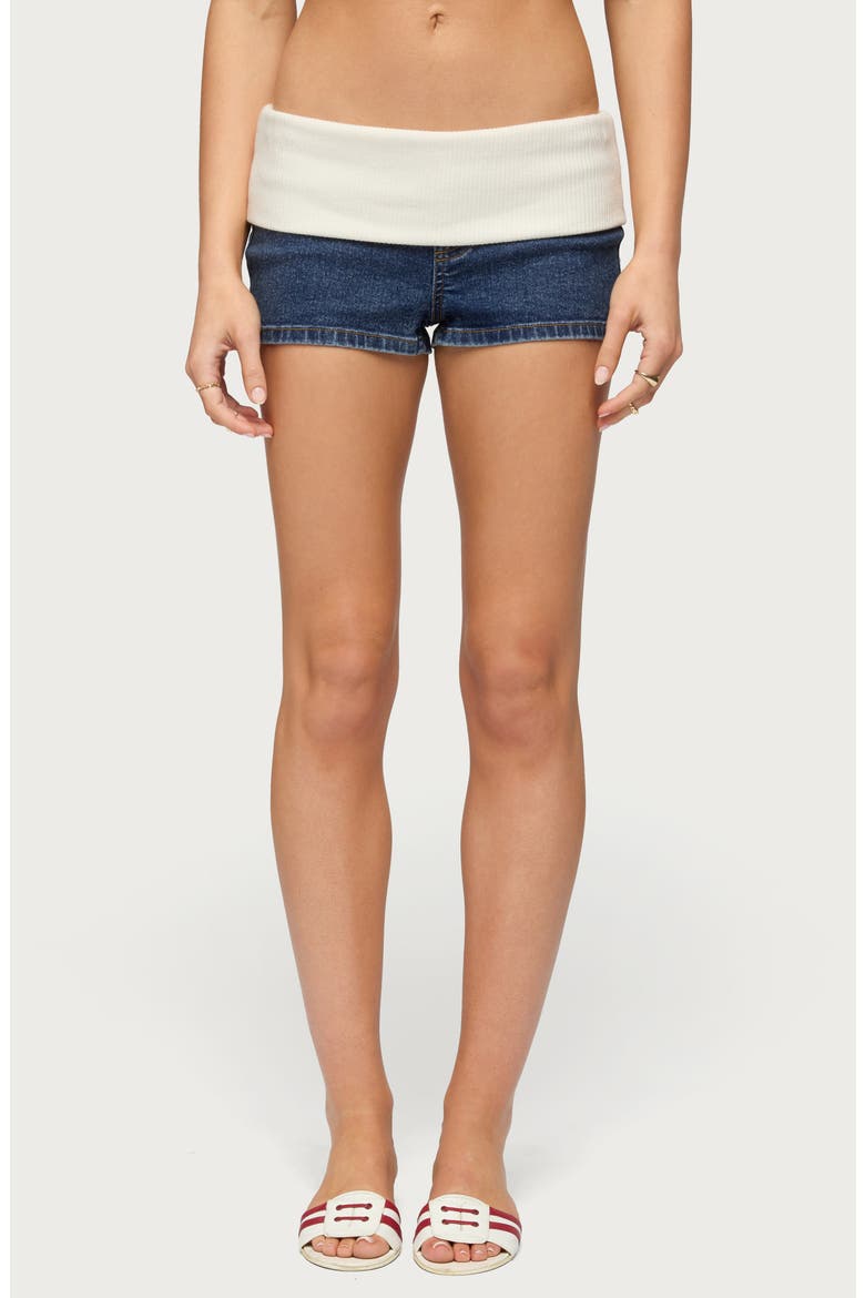 Foldover Knit Waist Denim Micro Shorts, Main, color, DARK-BLUE