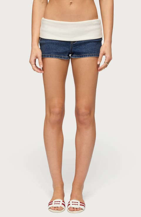 Foldover Knit Waist Denim Micro Shorts