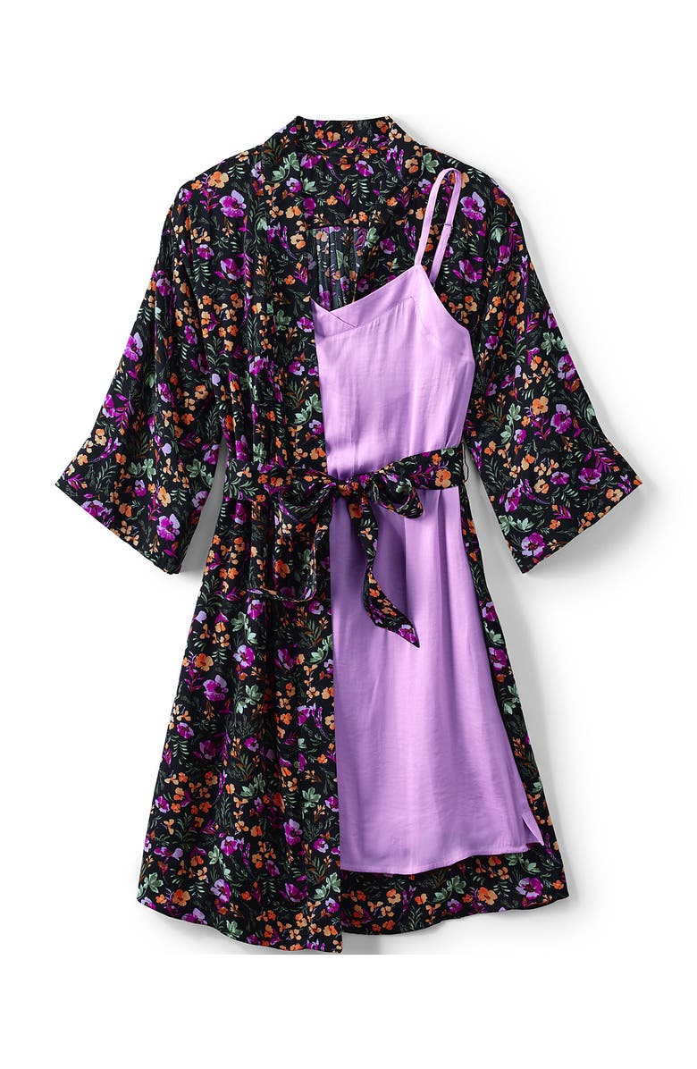 Lands' End Matte Satin 2 Piece Pajama Set - Nightgown and Robe, Alternate, color, Black Large Watercolor Floral