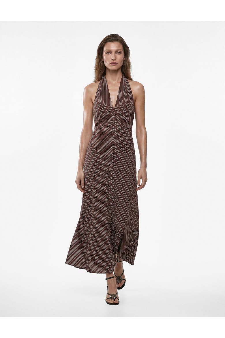 A-Line Halter Neck Striped Midi Dress, Main, color, BROWN STRIPE