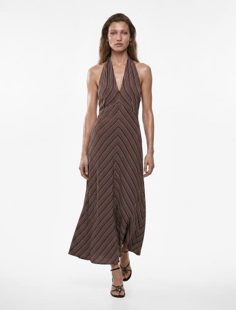 A-Line Halter Neck Striped Midi Dress