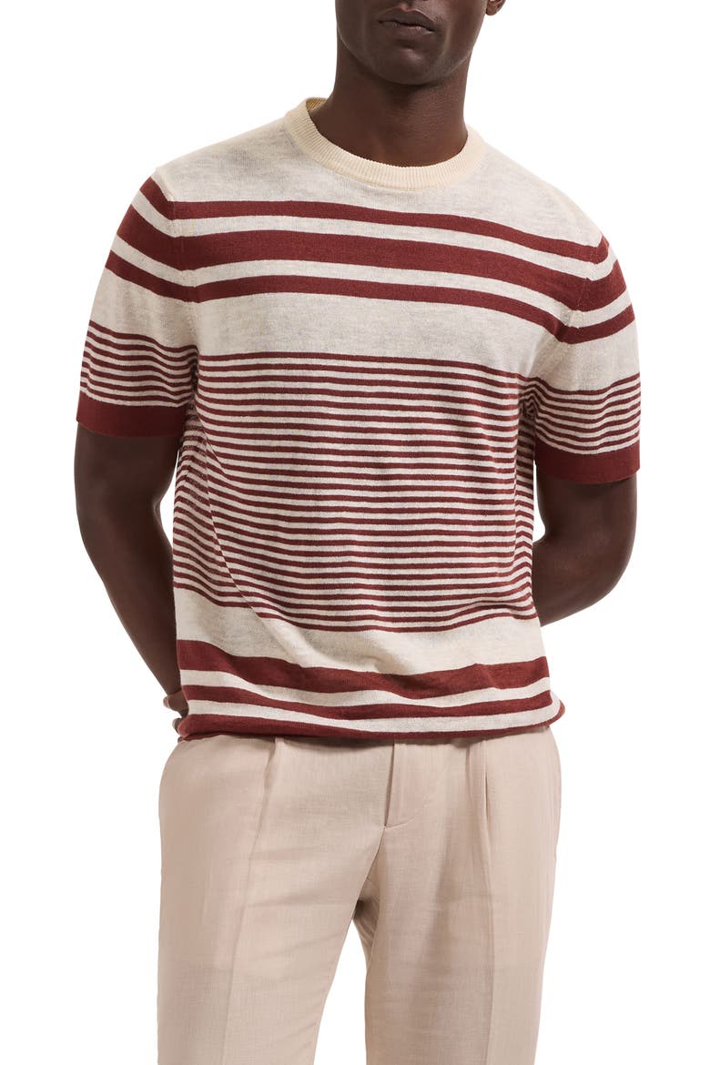 Stripe Short Sleeve Linen & Cotton Blend Sweater, Main, color, SIENNA