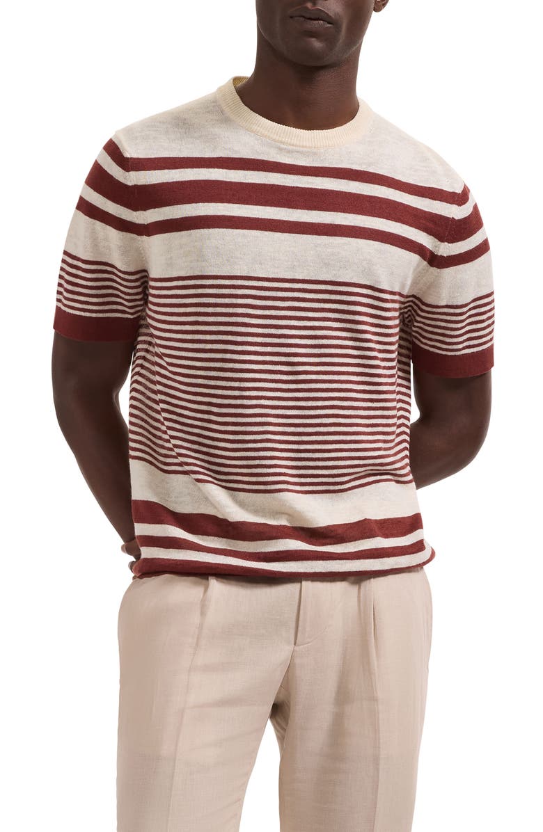 Bugatchi Stripe Short Sleeve Linen & Cotton Blend Sweater, Main, color, Sienna