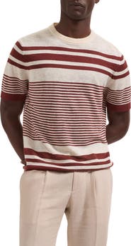 Bugatchi Stripe Short Sleeve Linen & Cotton Blend Sweater