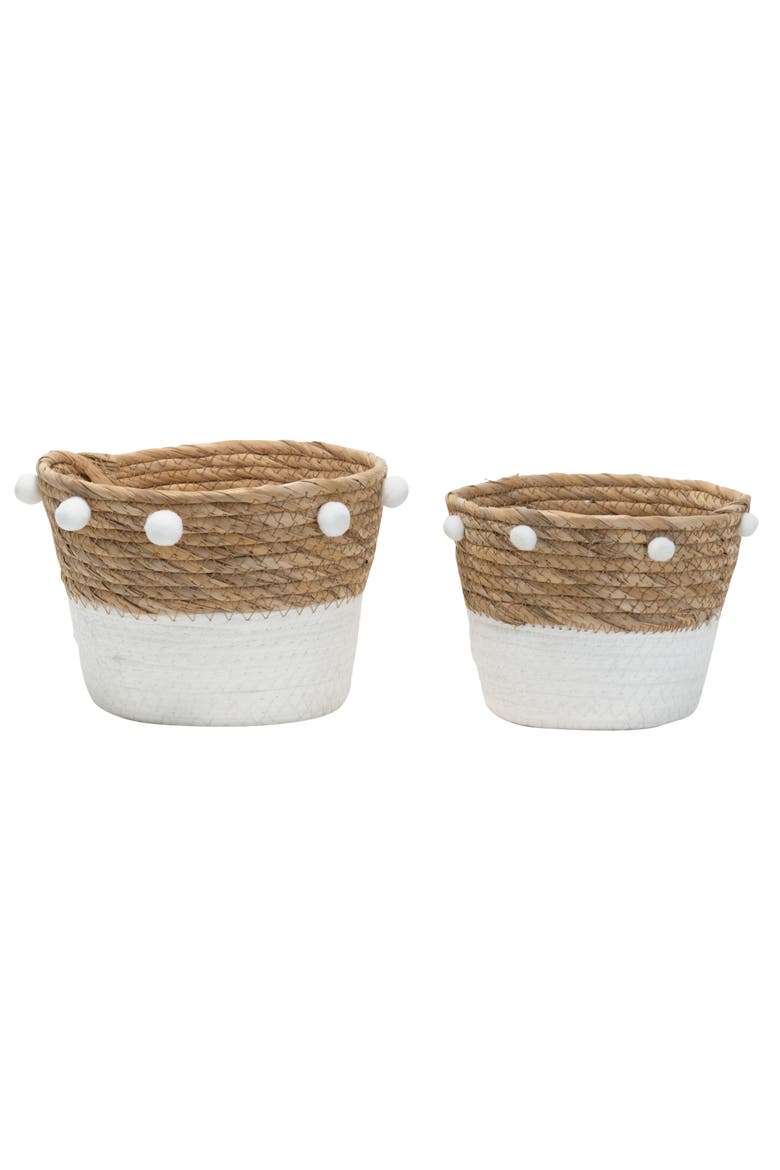 Set of 2 Natural Cattail Decorative Storage Baskets with Pom Poms, Main, color, White