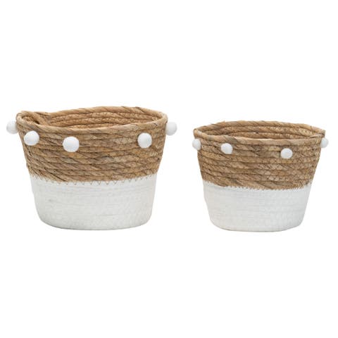 Set of 2 Natural Cattail Decorative Storage Baskets with Pom Poms
