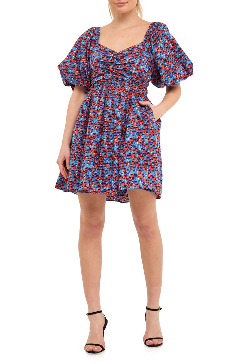 Floral Print Ruched Puff Sleeve Cotton Poplin Babydoll Dress, Main, color, BLUE/PURPLE