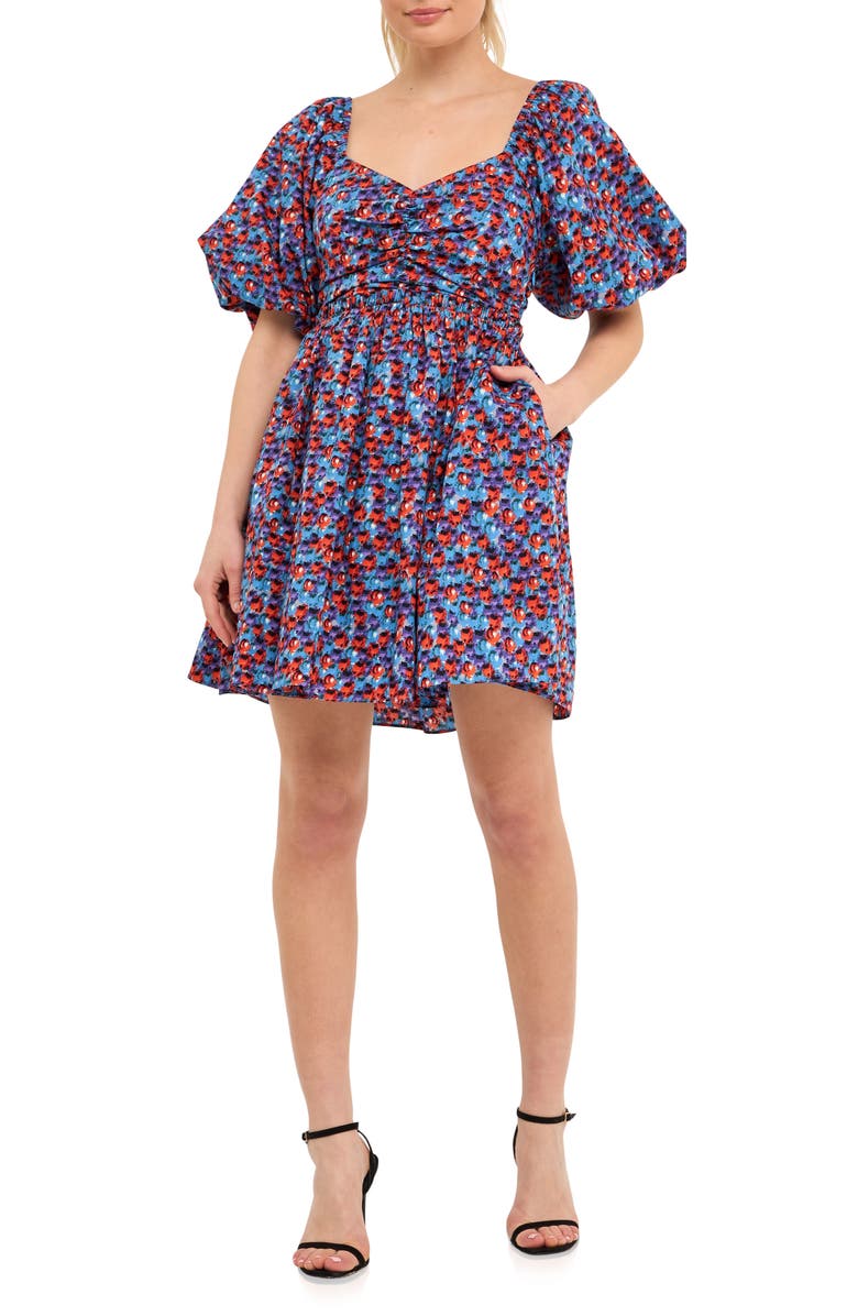 Endless Rose Floral Print Ruched Puff Sleeve Cotton Poplin Babydoll Dress, Main, color, Blue/Purple