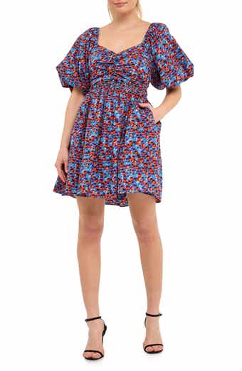 Floral Print Ruched Puff Sleeve Cotton Poplin Babydoll Dress