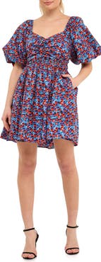 Endless Rose Floral Print Ruched Puff Sleeve Cotton Poplin Babydoll Dress