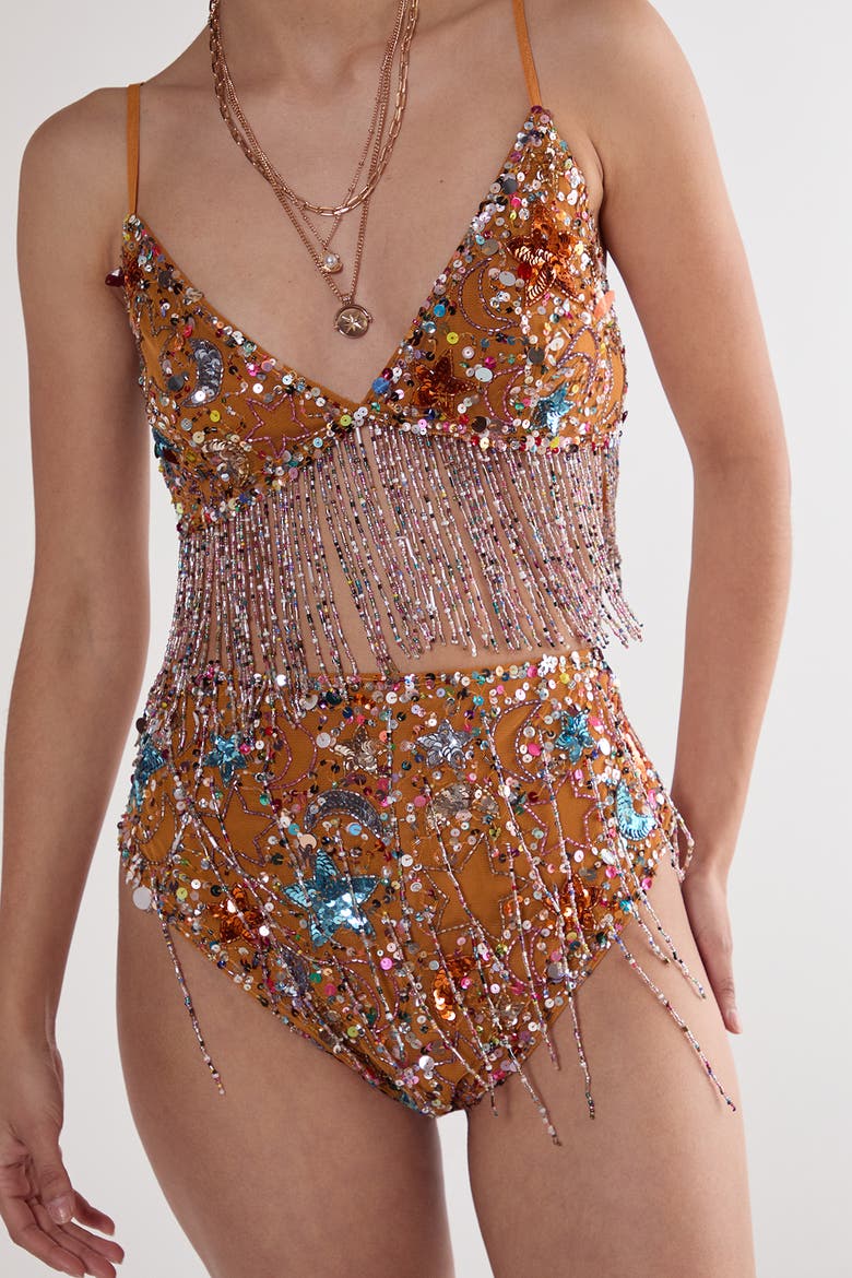 Star Embellished Tassel Booty Shorts, Alternate, color, Orange